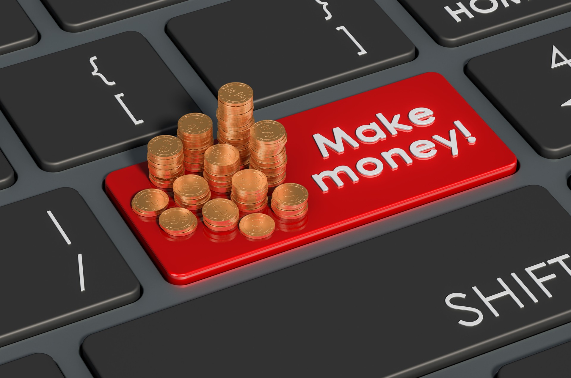 Make Money concept red keyboard button with golden coins, 3D rendering